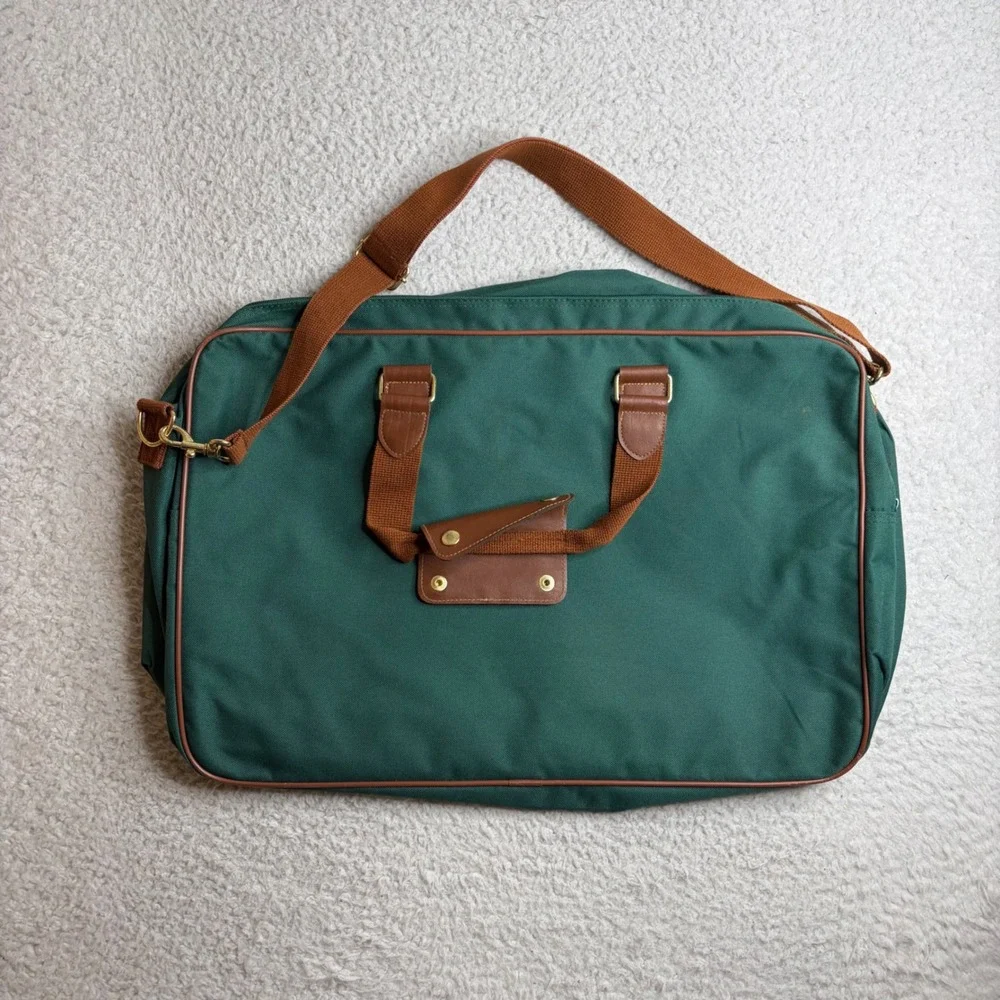 Polo Ralph Lauren Duffle Bag Green Canvas Brown Trim Travel Weekender